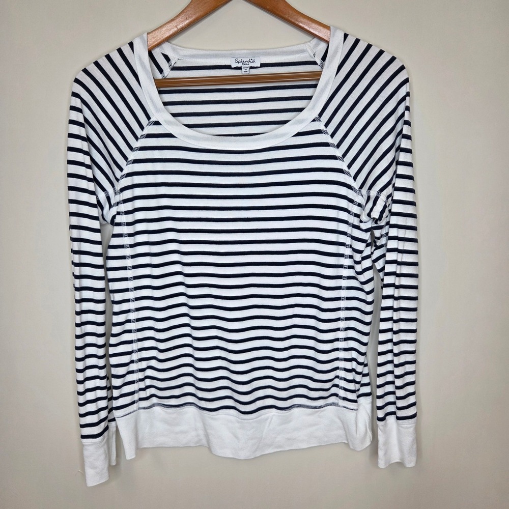 Splendid Womens Striped Long Sleeve Scoop Neck‎ Top Pima Modal White Navy Small
